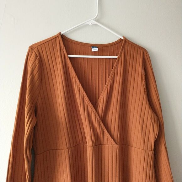 Old Navy Maternity Dress XL Brown Maxi Faux Wrap Rib Knit Long Sleeve Cotton New - Picture 2 of 8